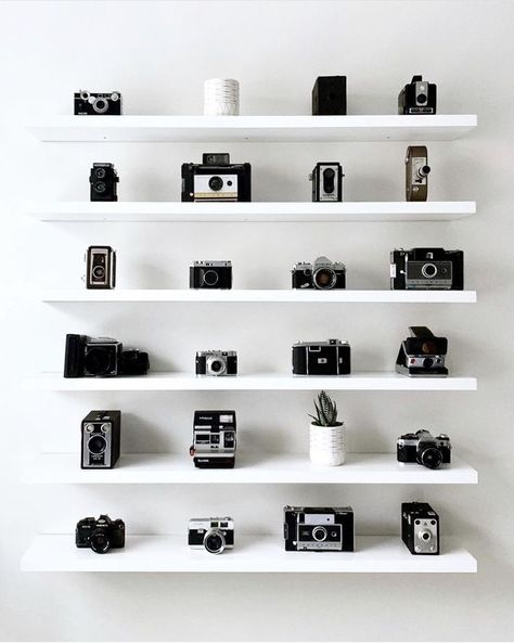 Photographer Home Decor, Photographer Home Office Ideas, Display Camera Collection, Home Office Photography Studio, Camera Wall Display, Film Camera Display, Camera Store Aesthetic, Camera Home Decor, Photo Studio Interior Design Offices