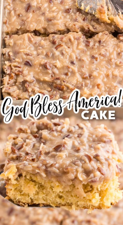 God Bless America Cake! An easy scratch-made cake recipe with crushed pineapple and brown sugar topped with a caramel pecan coconut icing perfect for 4th of July and Memorial Day! Zucchini Apple Pie, God Bless America Cake, Recipes With Crushed Pineapple, German Rouladen, Butterfinger Recipes, Homemade Cake Recipe, Brown Sugar Caramel, South Your Mouth, Coconut Icing