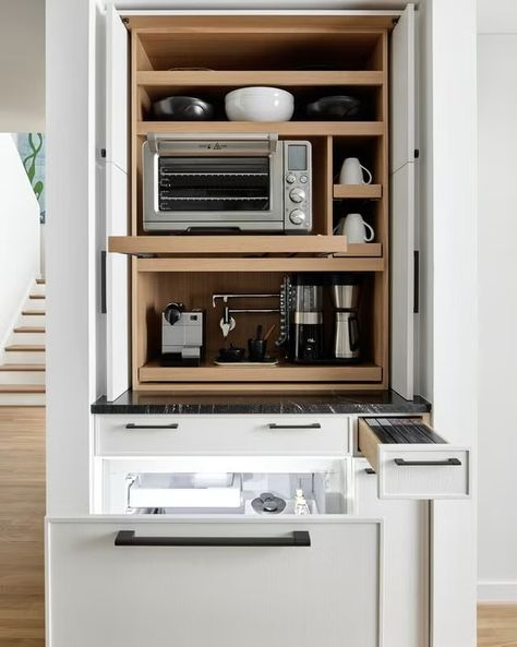 coffee bar with lots of appliances Coffee Station In Cabinet, Closed Coffee Station, Bookcase Coffee Station, Coffee Bar Microwave Station, Coffee Bar Inside Cabinet, Coffee Cup Drawer, Coffee Bar Pantry Cabinet, Breakfast Station Kitchen, Stand Alone Coffee Bar