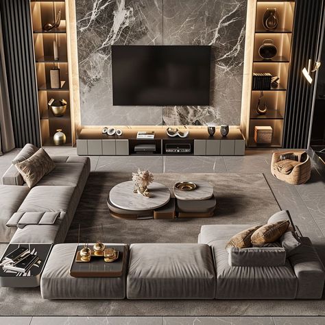 Modern Luxury Entertainment Room, Tv Unit Design Modern Big Wall, Tv Room Modern, Fancy Tv Unit Design, Modern Tv Room Luxury, Entertainment Area Ideas Indoor, Luxury Tv Room Design, Wooden Tv Wall Design Modern Luxury, Modern Home Interior Design Living Rooms Luxury Houses