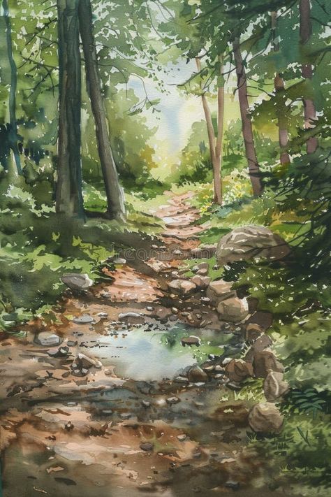 Serene Forest Path with Gentle Stream in Sunlit Woods - Nature Watercolor Painting royalty free stock photography Watercolour Forest Painting, Ap Art Portfolio Ideas, Rock Path, Art Portfolio Ideas, Ap Art Portfolio, Wood Path, Watercolour Landscapes, Serene Forest, Inspirational Paintings