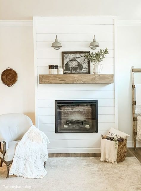 Rambler Farmhouse, Fireplace Diy, Shiplap Fireplace, Diy Shiplap, Faux Shiplap, Gathering Room, Bedroom Fireplace, Faux Fireplace, Fireplace Remodel