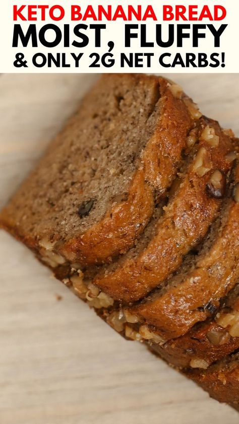 This keto banana bread recipe is the perfect snack or dessert. It's moist, fluffy, and has only 2 grams of net carbs per slice. Keto Nut Bread, Carb Free Banana Bread, Low Carb Recipes With Bananas, Banana Bread Recipe Low Carb, Keto Slice Recipes, Banana Bread Keto Recipe, Healthy Banana Oatmeal Bread, Bariatric Banana Recipes, Banana Recipes Keto