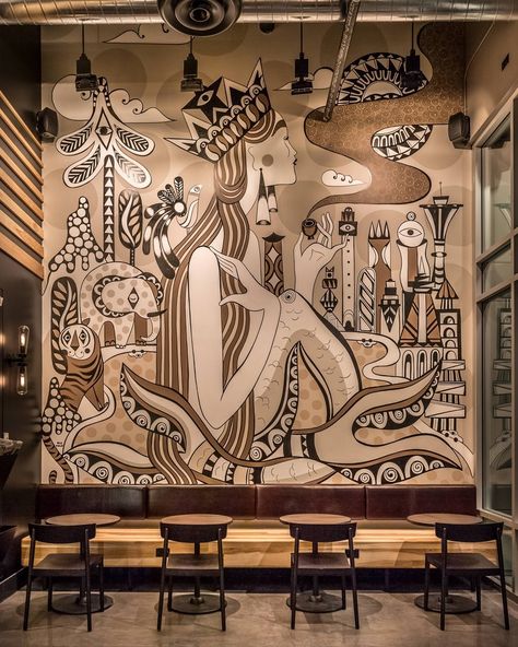 Starbucks Art, Mural Cafe, Creative Wall Painting, Cafe Wall Art, Art Program, Graffiti Murals, Cafe Art, Wall Drawing, Graffiti Designs