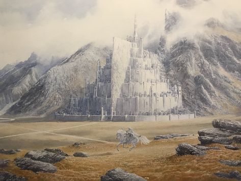 Gandalf Rides to Minas Tirith by Alan Lee (from Tolkien's Lord of the Rings) Comic Art Alan Lee Art, Tolkien Artwork, Tolkien Illustration, Minas Tirith, Calligraphy Canvas, Alan Lee, John Howe, Lord Of, Fantasy Tree