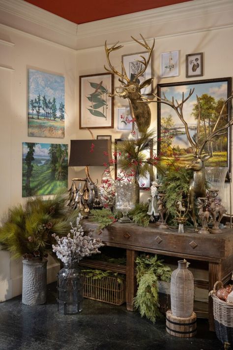 Brass Christmas Tree, Nell Hills Christmas, Brick Room, Flocked Trees, Hot Toddy, Gallery Wall Living Room, Tree Trimming, New Traditional, Tree Stand