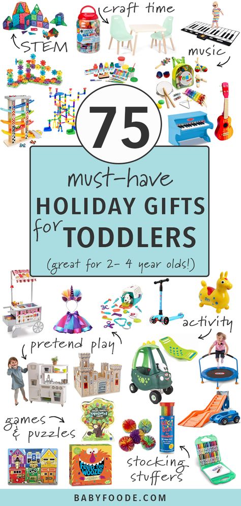 These 75 Must-Have Holiday Gifts for Toddlers are so amazing they are going to blow your toddler’s little mind! Find the best gifts and ideas for toddlers ages 2-4 in 7 different categories - STEM, crafts, music, pretend play, active, games & puzzles, and stocking stuffers. Consider your holiday shopping done! #giftguide #toddlers #christmas #holidays Christmas Presents For Toddlers, Kids Doctor Kit, Christmas Gifts For Toddlers, Toddler Gift Guide, Toddler Stocking Stuffers, Best Toddler Gifts, Gift Ideas For Toddlers, Toddler Gift Ideas, Gifts For Toddlers