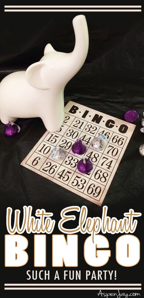 Hosting a White Elephant Bingo Party! Such a fun activity for game night! Love the gold decorations to go along with the theme. PINNED! Family Bingo Prizes Game Night, Host Bingo Night, Family Bingo Night Ideas, Bingo Night Decorations, White Elephant Bingo, Bingo Themed Party Ideas, Bingo Night Ideas, Bingo Birthday Party Theme, Family Bingo Night