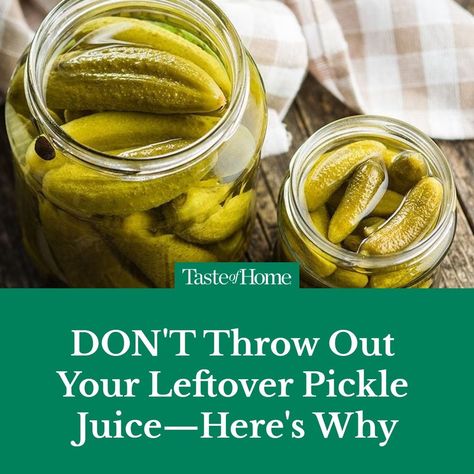 Love pickles? Then don't toss that leftover brine! 🔗 Click the link in our bio to learn more. ⁠ ⁠ ⁠ #pickles #picklelovers #picklejuice #picklelove #tasteofhome Pickle Juice Recipe, Leftover Pickle Juice, Pickle Juice Uses, Pickled Eggs, Pickling Jalapenos, Filling Food, Organic Remedy, Pickled Veggies, Pickle Juice