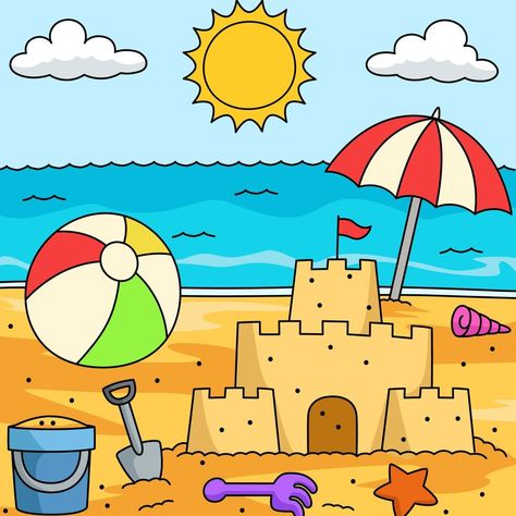 Toys On The Beach Colored Cartoon Illustration Summer Drawing Ideas, Scenery Drawing For Kids, Beach Cartoon, Beach Coloring Pages, Summer Drawings, Beach Drawing, Beach Clipart, Cartoon Drawing Tutorial, Summer Cartoon