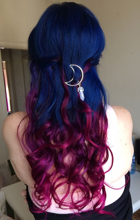 Midnight blue and magenta ombre. Directions Midnight Blue, Long Hair Color Ideas, Exotic Hair Color, Blue And Pink Hair, Maroon Hair, Blue And Magenta, 2024 Hair Color, Hair Color Idea, Red Ombre Hair