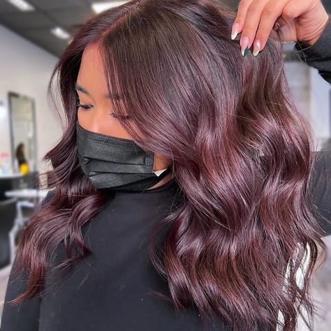 One of our favorite hair colors that has rangeoomphand energy is cherry hair color. Light Brown Plum Hair, Balayage Plum Hair, Dark Brown Plum Hair, Brown And Plum Hair, Cherry Coke Short Hair, Mahogany Hair With Highlights, Purple Tinted Brown Hair, Purplish Brown Hair, Brown Burgundy Hair Color