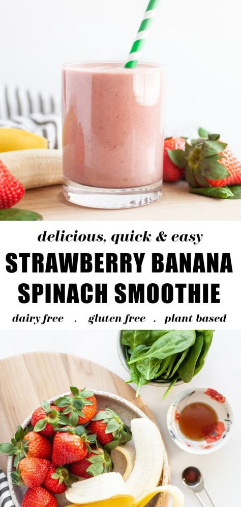 Learn how to make the best healthy and easy strawberry banana smoothie with spinach! This green twist on a strawberry and banana smoothie is dairy free, gluten free, and packed with protein! Smoothie With Spinach, Banana Spinach Smoothie, Spinach Smoothie Recipes, Kale Smoothie, Protein Smoothie Recipes, Smoothies Healthy, Healthy Strawberry, Smoothie Drink Recipes, Strawberry Banana Smoothie