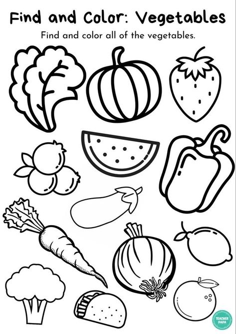 Colour The Vegetables Worksheet, Color The Fruits Worksheet, Fruit And Vegetables Worksheet Preschool, Vegetables Activity For Preschool, Vegetables Worksheets Kindergarten, Vegetable Preschool Activities, Fruits And Vegetables Worksheet For Kids, Vegetable Worksheets Preschool, Fruit Worksheets Preschool