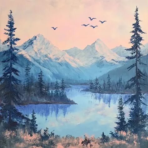 ↑↑↑ Larger size on website 🔸 A serene landscape painting depicts a tranquil lake nestled amidst a majestic mountain range. The sk Mountains And Sky, Lake Tahoe Winter, Glacier Lake, Serene Landscape, Winter Painting, Snowy Mountains, Birds Flying, Pine Trees, Image Generator