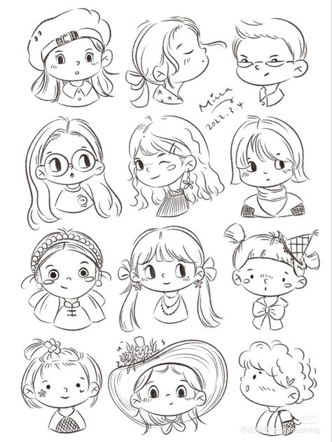 Cartoon Faces Drawing Tutorials, Cute Portrait Drawing Cartoon, How To Draw Cute Cartoon People, Cartoon Expression Reference, Chibi Doodles Sketch, Cute People Doodles, Cartoon Face Sketch, Cartoon People Drawings, Children Illustration Character