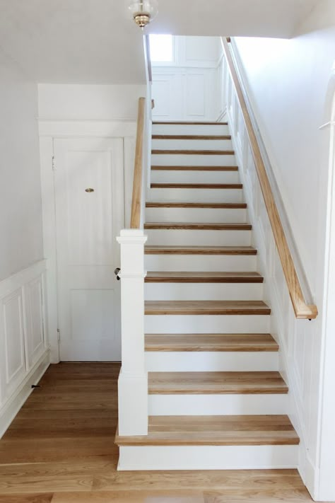 Staircase Oak And White, White And Natural Wood Staircase, Stair Railing Before And After, Natural Oak Staircase, Staircase In Entryway, White Oak Stair Treads, Shaker Style Staircase, All Wood Staircase, Natural Wood Banister