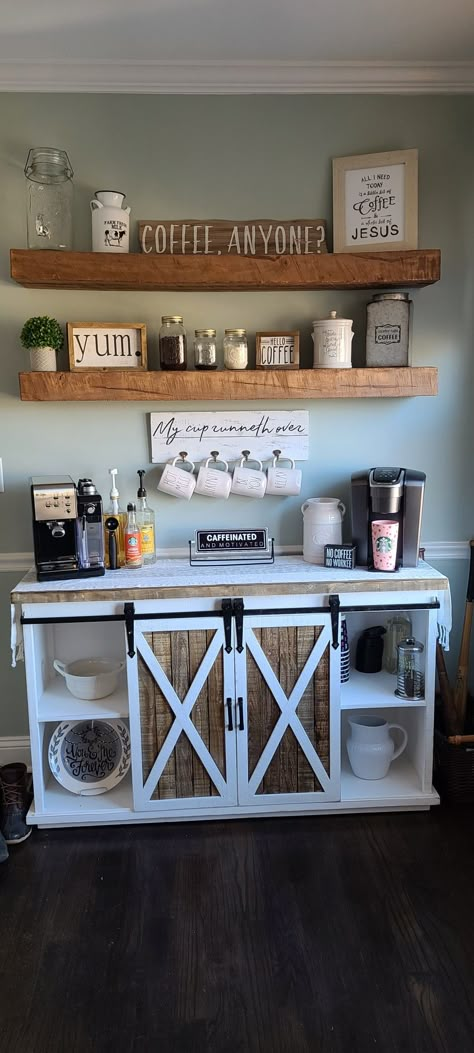 Farm Style Coffee Bar, Dining Room Design With Coffee Bar, Faux Brick Wall Coffee Bar, Accent Wall Behind Coffee Bar, Coffee Bar Cup Storage, Home Office With Coffee Bar, Country Coffee Bar Ideas, Coffee Bar Inspiration Farmhouse, Coffee Bar Room Ideas