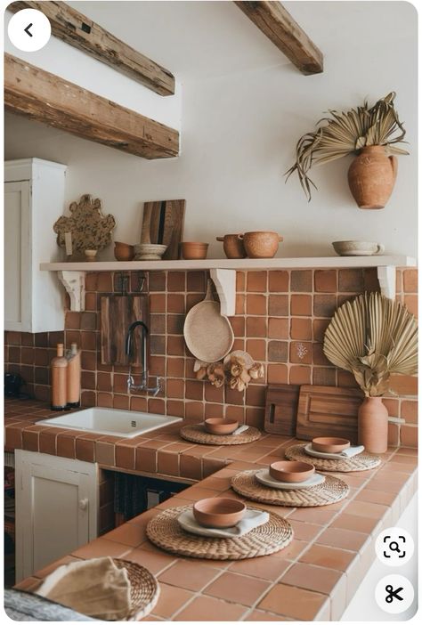 Terracotta Kitchen Island, Traditional Mediterranean Kitchen, Light Earthy Kitchen, Terracotta Tiled Kitchen, Adobe Home Decor, Clay Tile Kitchen, Earthy Kitchen Aesthetic, Small Spanish Kitchen, Natural Earthy Kitchen