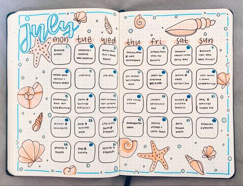 July, Summer, Beachy, Seashell, Coral Pink, Blue, Seaside, Ocean, Beach, Theme, Bullet Journal, Bujo Bullet Journal Vacation, Bullet Journal Topics, Bullet Journal Calendrier, March Bullet Journal, Bullet Journal Month, Summer Journal, Bullet Journal Monthly Spread, Bullet Journal Ideas Templates, Bullet Journal Paper