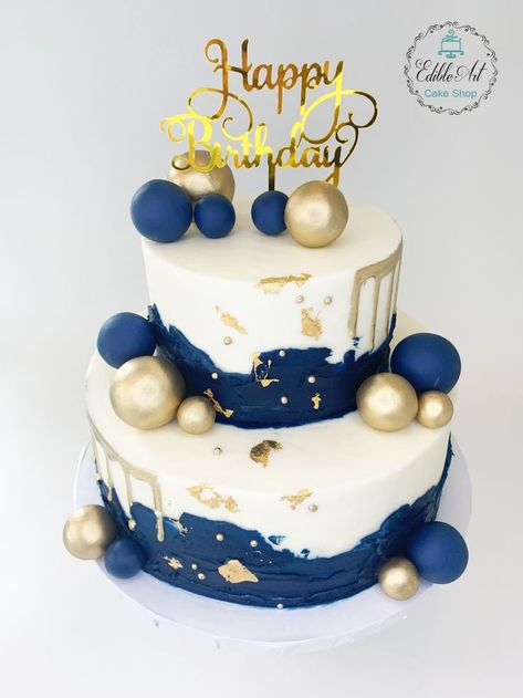 Cake Designs Vintage, Birthday Cake With Gold, Boys 18th Birthday Cake, 60th Birthday Cake For Men, Abstract Cake, Torte Blu, Blue Birthday Cake, Soccer Birthday Cakes, Modern Birthday Cakes