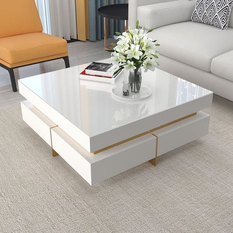 White Modern Square Coffee Table with Drawers Tempered Glass Top & Metal Legs Centre Table Drawing Room, White Center Table, Centre Table Decor, Drawing Room Table, White Coffee Table Living Room, Modern Centre Table Designs, Centre Table Design, Centre Table Living Room, Meja Sofa