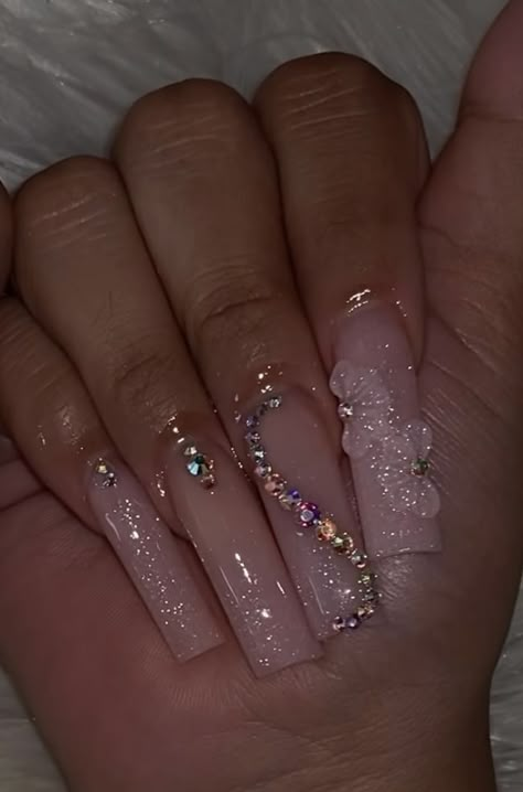 Rose Gold Nails Acrylic For Quince, Square Bling Nails, Rose Gold Quince Nails, Gold Toe Nails, Rose Gold Nails Acrylic, Sweet 16 Nails, Quince Nails, Rose Gold Nails Design, Quinceanera Nails