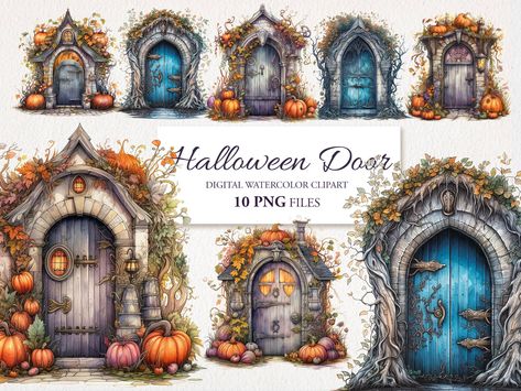 Fairy Door Pumpkin, Hobbit Door Watercolor, Fairy Doors Illustration, Haunted House Watercolor, Fairy Door Watercolor, Door Clipart, Transparent Clipart, Scrapbooking Collage, Pumpkin Witch