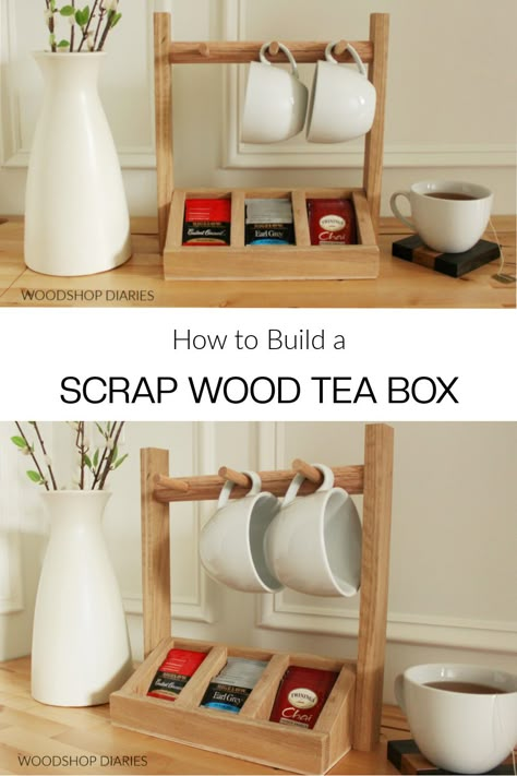 DIY Tea Storage Box with Mug Holder Wood Tea Organizer, Wood Mug Holder, Diy Tea Box Storage, Wooden Mug Holder, Wooden Tea Box Diy, Wooden Tea Box Ideas, Diy Tea Holder, Mug Holder Diy, Diy Tea Station