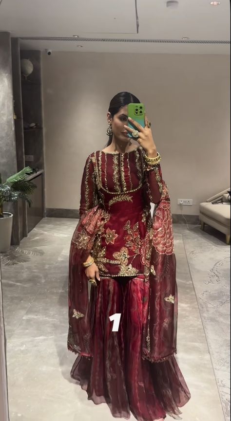 Ruksati Dress, Punjabi Bridal Outfits, Desi Sharara Outfit, Qawwali Night Outfit, Traditional Gharara Pakistani, Pakistani Sangeet Outfits, Lohri Outfits For Women, Gharara Aesthetic, Aesthetic Gharara Outfits