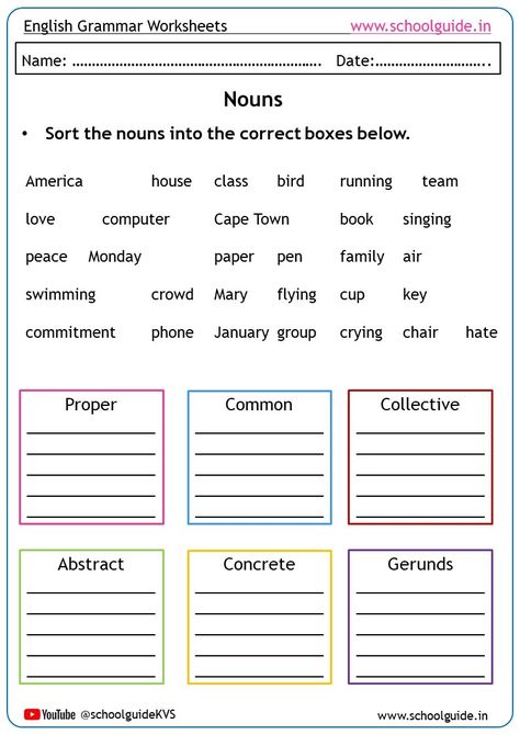 Free Printable Types of Nouns Worksheets | Free Printable English Grammar Worksheets | English Grammar Worksheets PDF | School Guide Type Of Nouns Worksheet, English Nouns Worksheets, Types Of Nouns Worksheet, Basic Grammar Worksheets, Types Of Nouns, Two Letter Words, Spelling Homework, English Grammar Quiz, Three Letter Words