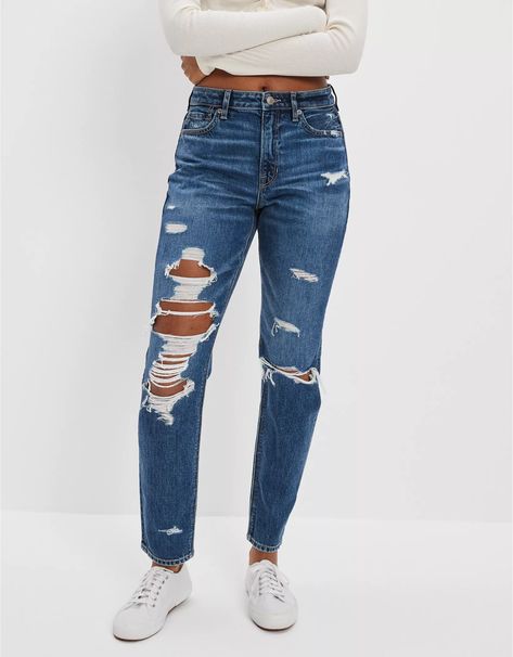 AE Strigid Ripped Mom Jean American Eagle Jeans Women, Mom Jeans Ripped, Dream Wishlist, American Eagle Mom Jeans, Candle Pedestal, Rip Mom, Distressed Mom Jeans, Ripped Mom Jeans, American Eagle Jeggings