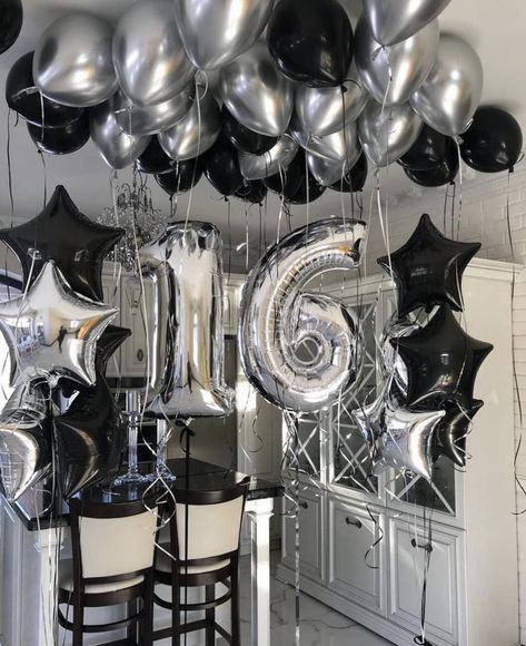 Sweet 16 Gothic Party, Black Theme Sweet 16, Sweet Sixteen Black And White Theme, Silver And Black Sweet 16, Black And Silver Bday Decor, 16 Birthday Party Ideas Black, The Weekend Birthday Theme, Black White And Silver Birthday Theme, Birthday Party Black And Silver