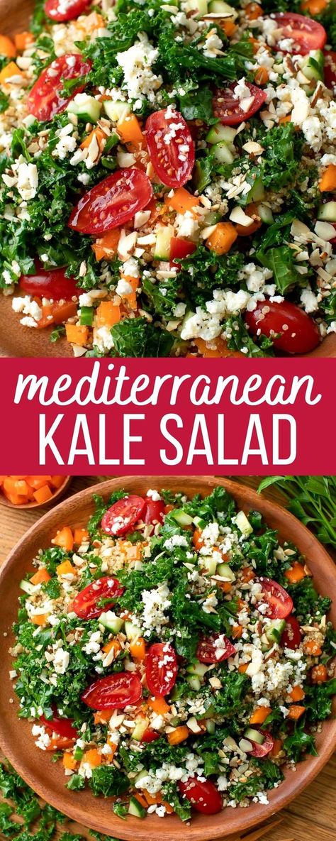 kale salad with feta, tomato, cucumber, bell pepper, and sliced almonds with greek lemon dressing Lunch Ideas With Kale, Kale Greek Salad Recipes, Kale Tomato Cucumber Salad, Kale Salads For Lunch, Quinoa And Kale Salad Recipes, Kale And Tomato Salad, Mediterranean Pasta Salad With Kale, Greek Salad With Kale, Kale Mozzarella Salad