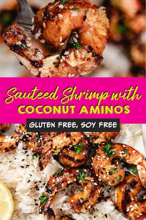 This quick sautéed shrimp with coconut aminos dish is packed with flavor & perfect for a weeknight meal. Customize it with your favorite veggies! Gluten-free, soy-free, & ready in 15 mins! Cooking With Coconut Aminos, Coco Aminos Recipes, Recipes Using Coconut Aminos, Recipes With Coconut Aminos, Gluten Free Shrimp, Shrimp Sauteed, Healthy Teriyaki Chicken, Roasted Broccoli And Carrots, Stir Fry Shrimp Recipes