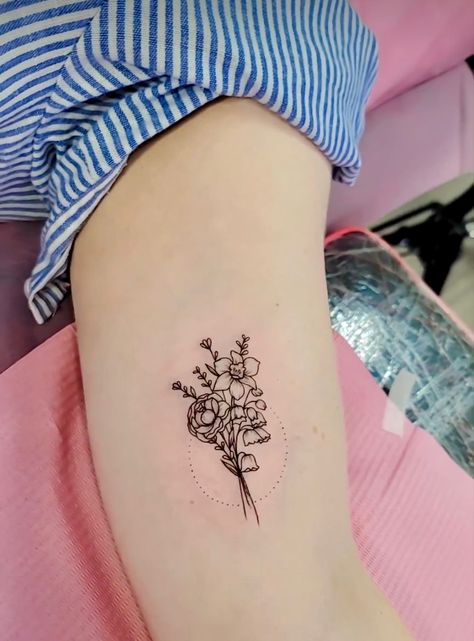 Fine line tattoo 
Black and grey 
Jonquil 
Peony 
Lily of the valley Peony And Lily Of The Valley Tattoo, Floral Bouquet Tattoo, Fine Line Floral, Valley Tattoo, March Birth Flower, Mom Daughter Tattoos, Inner Bicep Tattoo, March Birth Flowers, Flower Peony