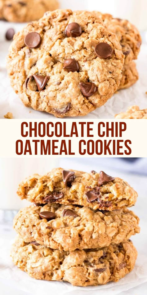 These soft and chewy oatmeal chocolate chip cookies are made with brown sugar, old fashioned oats, chopped walnuts & lots of chocolate chips for the perfect bakery-style cookie. You'll love how easy they are to make #oatmealchocolatechipcookies #chocolatechipcookies #oatmealcookies #easyrecipes #cookies #kids #chewy #easy #cookies #recipe from Just So Tasty Chewy Oatmeal Chocolate Chip Cookies, Oatmeal Chocolate Chip Cookie, Oatmeal Chocolate Chip Cookie Recipe, Easy Sweets, Oatmeal Cookies Chewy, Easy Oatmeal, Oatmeal Chocolate Chip, Oatmeal Recipe, Choc Chip Cookies