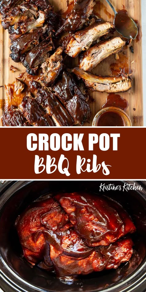 These Slow Cooker Ribs are fall-off-the-bone tender, seasoned with a delicious spice rub and slathered with BBQ sauce. After slow cooking, you can broil the ribs to char and caramelize the edges. This easy ribs recipe is the best way to make BBQ ribs! Slow Cooker Barbecue Beef Ribs, Slow Cooker Spareribs, Slow Cooker Spare Ribs, Crockpot Spare Ribs, Pork Spare Ribs Crock Pot, Crockpot Spareribs, Bbq Pork Spare Ribs, Easy Rib Recipes, Crockpot Pork Ribs