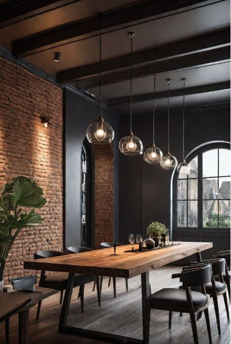 Mix modern and industrial for a wow-worthy dining room! Get inspired with 9 design tips for the perfect blend. Modern House Interior Dining Rooms, Wood Industrial Design, Organic Modern Industrial Decor, Dark Dining Room Aesthetic, Industrial House Interior Design, Dark Industrial Interior, Industrial Farmhouse Interior, Industrial Dining Room Decor, Modern Industrial Dining Room