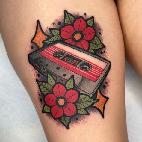 Traditional Tattoo Music, Cassette Tattoo, American Traditional Tattoo Ideas, Framed Tattoo, Traditional Tattoo Ideas, Quality Tattoo, Old School Tattoo Designs, Birth Flower Tattoos, Tattoo Portfolio