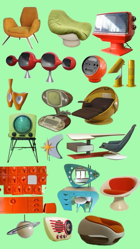 Artifacts from the Atomic age design Atomic Age Interior Design, Retrofuturism Decor, Atompunk Aesthetic, Atomic Age Aesthetic, Atomic Aesthetic, Atomic Age Furniture, Retro Futurism Interior, 60s Room, Space Age Decor