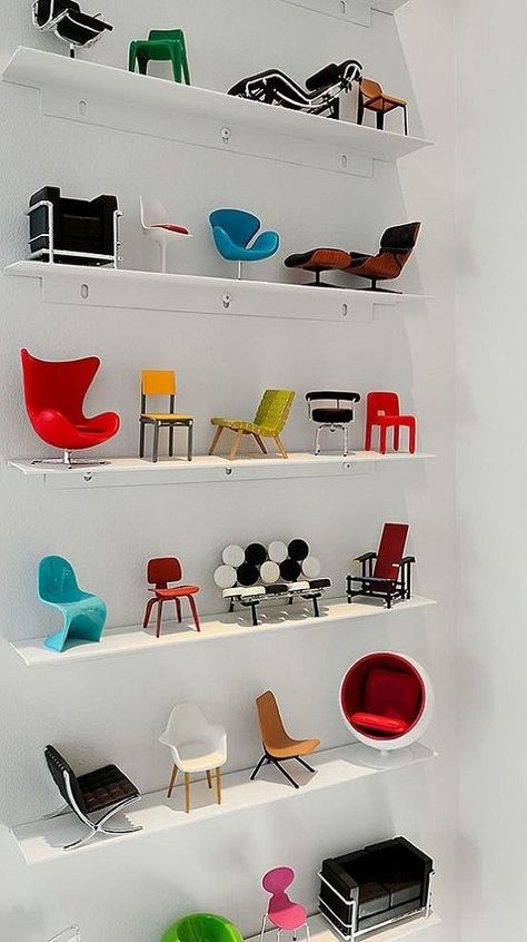 The collection is perfect. Now all it needs is a mini in each chair! | NפISƎp inspiration for the planning of the The Mini Museum | Miniature Designer Chair Collection_ *_* https://emfurn.com/collections/vintage-chic Mini Chair, Iconic Chairs, Chaise Design, Miniature Furniture, Doll Furniture, Design Case, Dollhouse Furniture, Lps, Modern Rustic