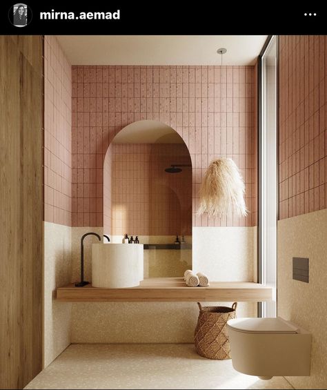 Microcement And Tile Bathroom, Terracota Bathroom Design, Restroom Interior Design, Peach Tile Bathroom, Terra Cotta Bathroom, Two Tone Bathroom, Sand Bathroom, Pink Tile Bathroom, Shop Architecture