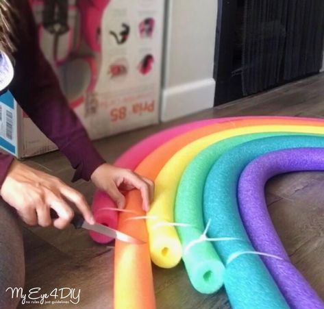 Pool Noodle Rainbow, Pool Noodle Hacks, Noodle Hacks, Funny Prom, Rainbow Room Decor, Pool Noodle Crafts, Rainbow Themed Birthday Party, Care Bear Party, Care Bear Birthday