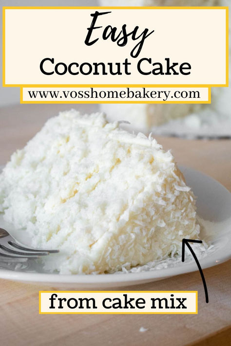 Slice of moist coconut cake with creamy coconut frosting and shredded coconut topping on a white plate. The Salty Cooker Coconut Cake, Coconut Flavored Cake, Coconut Cake Trifle, White Chocolate Coconut Bundt Cake Recipe, Rich’s Coconut Cake, Coconut Cream Cake From Cake Mix Boxes, Coconut Cakes Easy, White Cake With Coconut Frosting, Old Fashion Coconut Cake Recipe