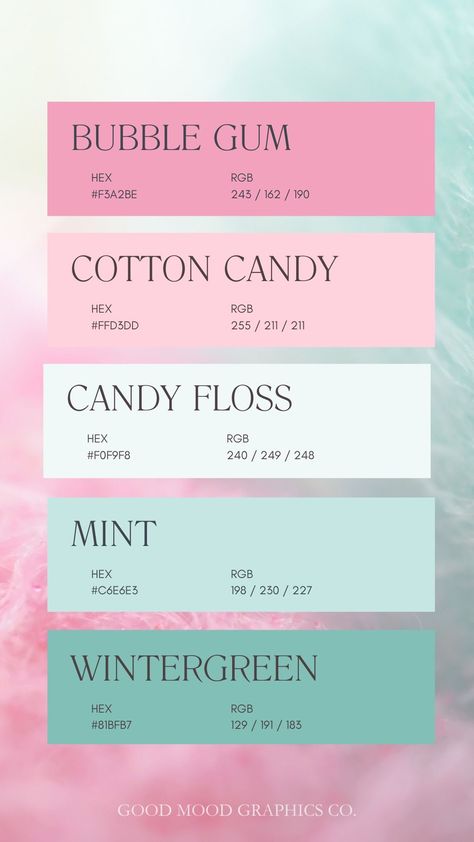 Bubble Gum Pink Paint Color, Cotton Candy Room Decor, Bright And Pastel Colour Palette, Pink And Aqua Color Palette, Color Palette Cotton Candy, Cotton Candy Colour Palette, Pink Mint Aesthetic, Youtube Color Palette, Mint Green Hex Code