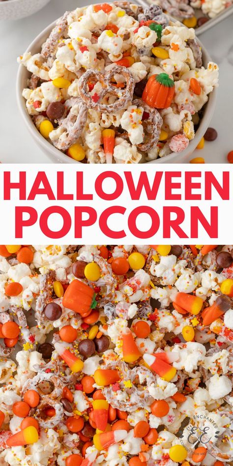 Halloween Popcorn is a chocolate covered popcorn snack with pretzels, sprinkles, and candy corn and pumpkins. Popcorn With Candy, Halloween Popcorn Mix, Candy Popcorn Recipe, Chocolate Covered Pretzels Halloween, Halloween Popcorn Balls, Covered Popcorn, Candy Corn Recipe, Fall Snack Mixes, Candy Stash