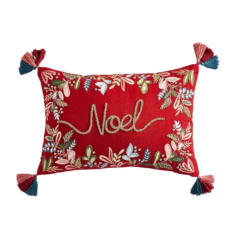 Noel Floral Lumbar Pillow | Pier 1 Xmas Embroidery, Christmas Pillows Diy, Pillows Diy, Crochet Snowflake Pattern, Diy Pillow, Christmas Cushion, Crochet Birds, Christmas Rugs, Bows Diy