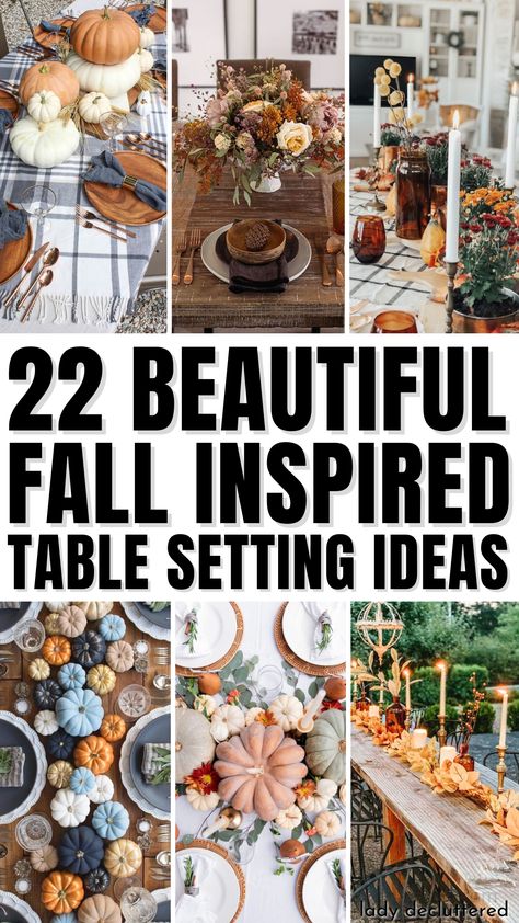 20 Beautiful Fall Inspired Table Setting Ideas Table Settings Rectangular, Table Setting For Fall, Fall Tea Party Table Settings, Autumn Place Setting, Fall Dinner Table Setting, Burnt Orange Table Setting, Fall Dinner Party Tablescape, Fall Table Scapes Ideas, Table Setting Aesthetic