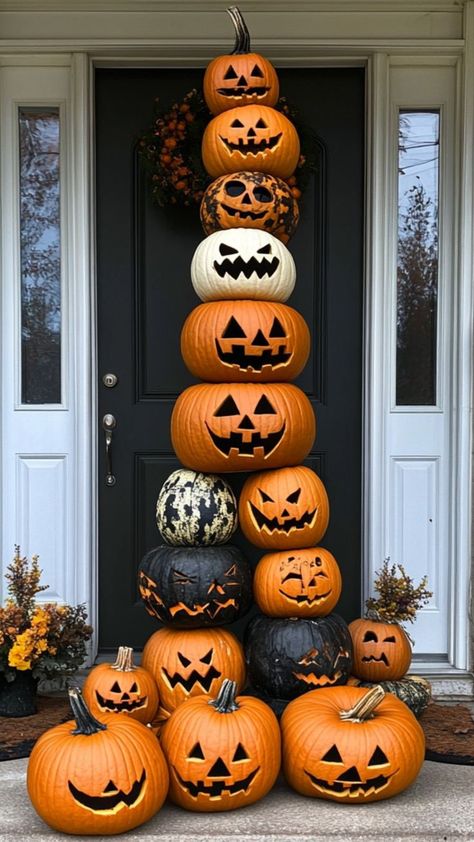 Build towering pumpkin totems for a grand Halloween entrance! Perfect for making a bold statement. 🎃🔝 #PumpkinTotems #HalloweenDecor #FestiveDisplay Halloween Entrance, Halloween Yard Displays, Halloween Tree Decorations, Autumn And Halloween, Jack O Lanterns, Halloween Tree, Day Of Dead, Halloween Decor Ideas, Stacked Pumpkins